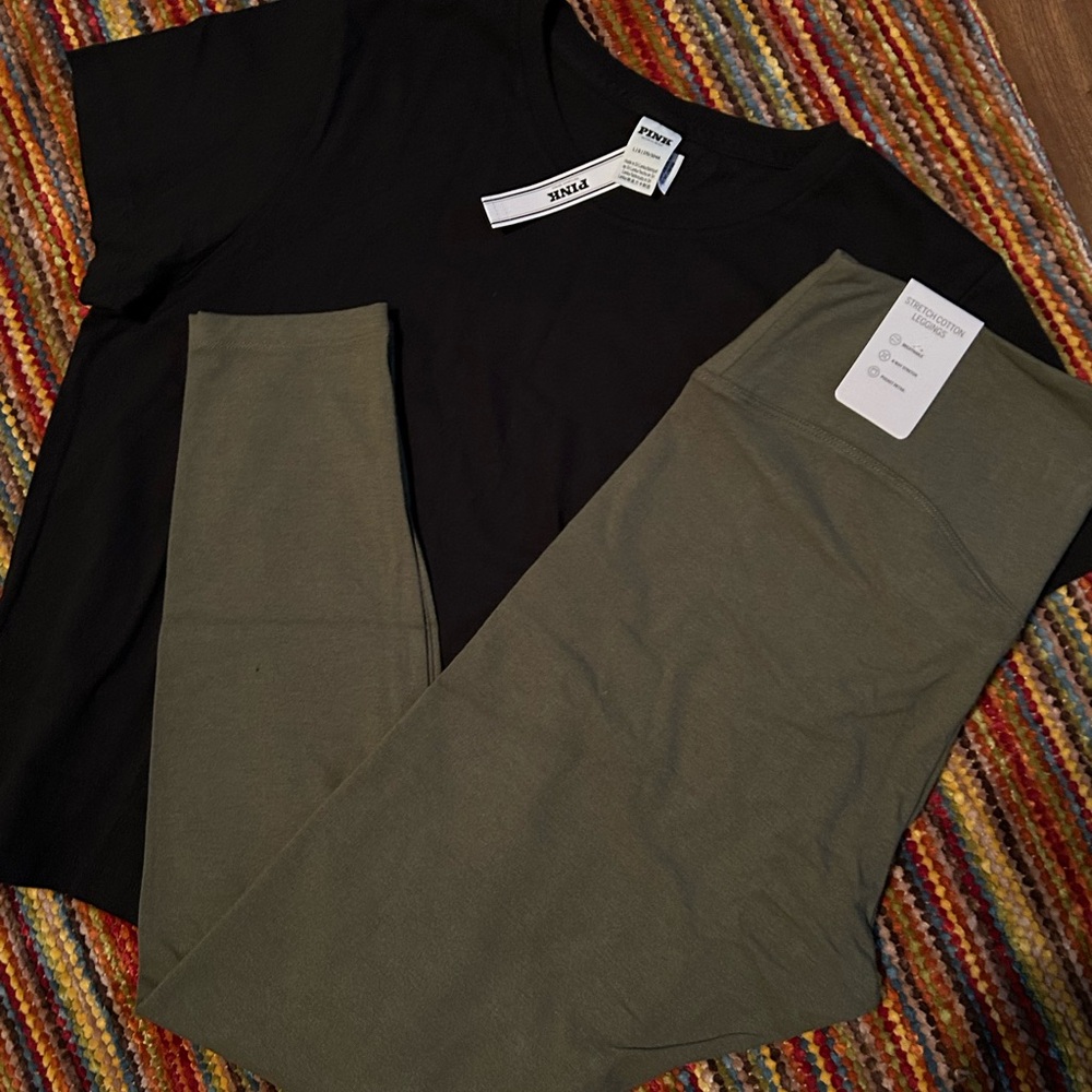 PINK Victoria's Secret cotton tee & leggings bundle size large New black Olive